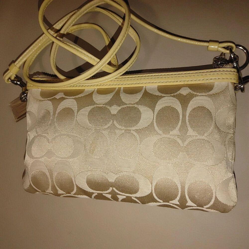 Coach Signature Logo Poppy Beige Yellow Crossbody Wristlet Purse Convertible - Picture 7 of 11